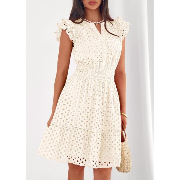 Women's Beige V Neck Eyelet Cap Sleeve Summer Beach Vacation Sundresseses - Picture 3 of 8